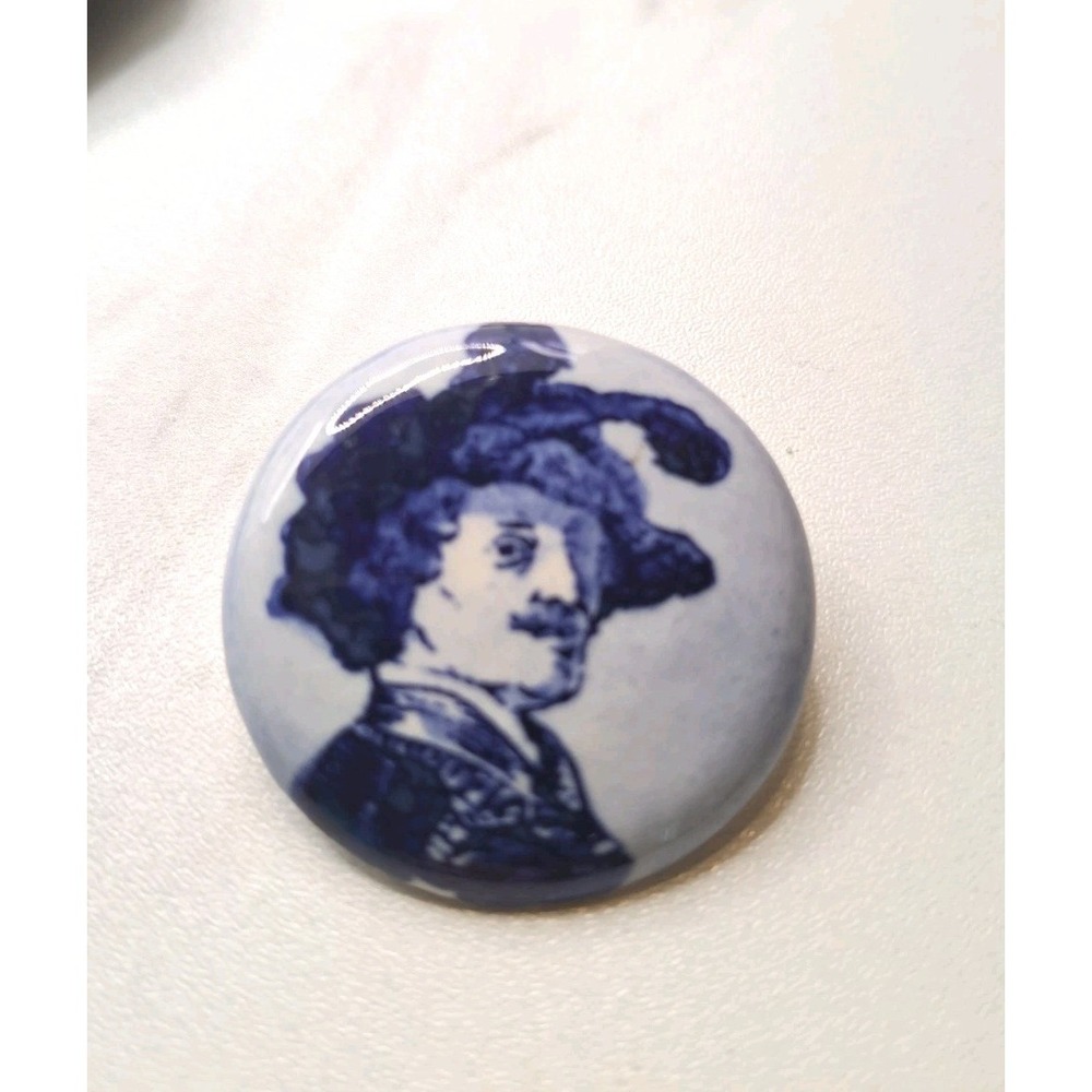 Vintage Brooch Blue Delft Holland Pottery Porcelain Round  Pin